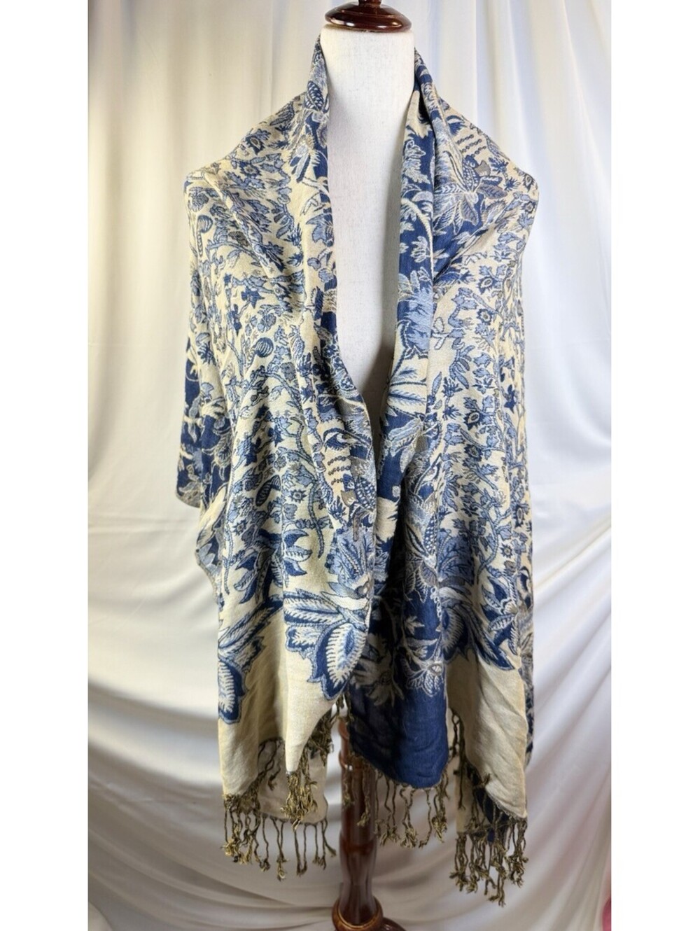 Vintage Pashmina Floral Scarf Blue Gold Metallic Jacquard Fringe Wrap Shawl